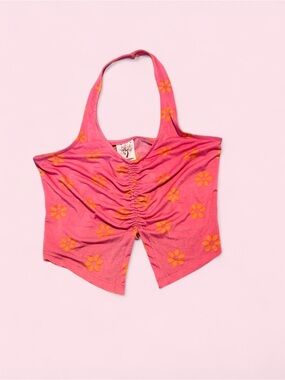 Self Esteem Pink Halter Crop Top with Orange Daisy Print